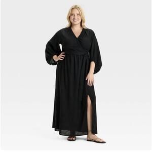 Ava & Viv Plus Size XXL Black Wrap Dress Bishop Long Sleeve Linen Blend